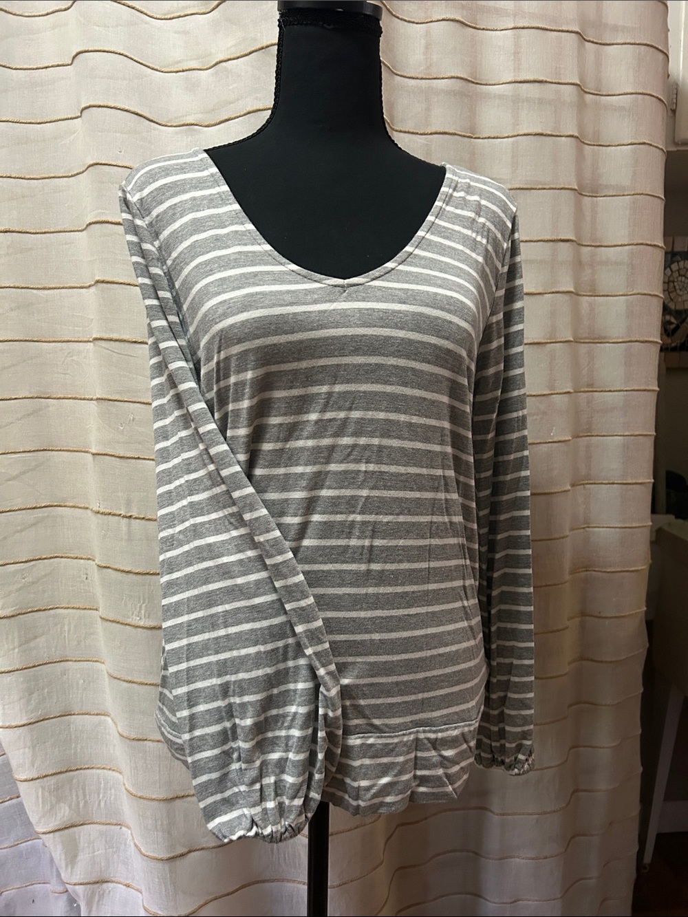 Liverpool Gray and White Striped V-Neck Long Sleeve Top
